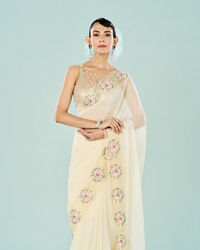 Mohey Women Elegant Cream Chiffon Saree