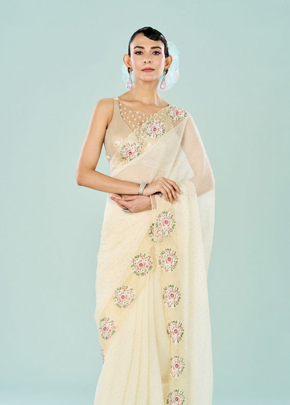 Mohey Women Elegant Cream Chiffon Saree