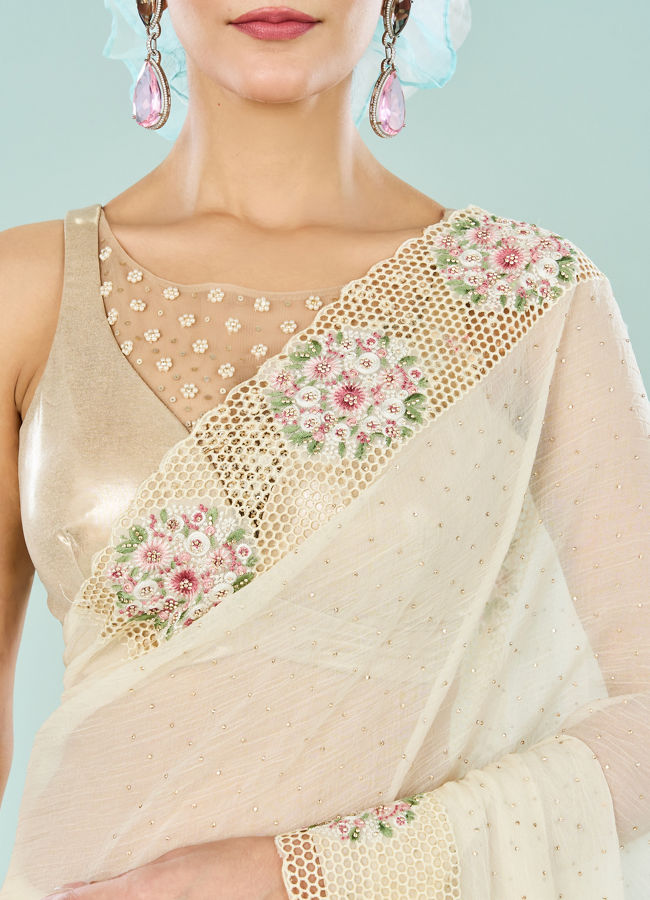 Mohey Women Elegant Cream Chiffon Saree