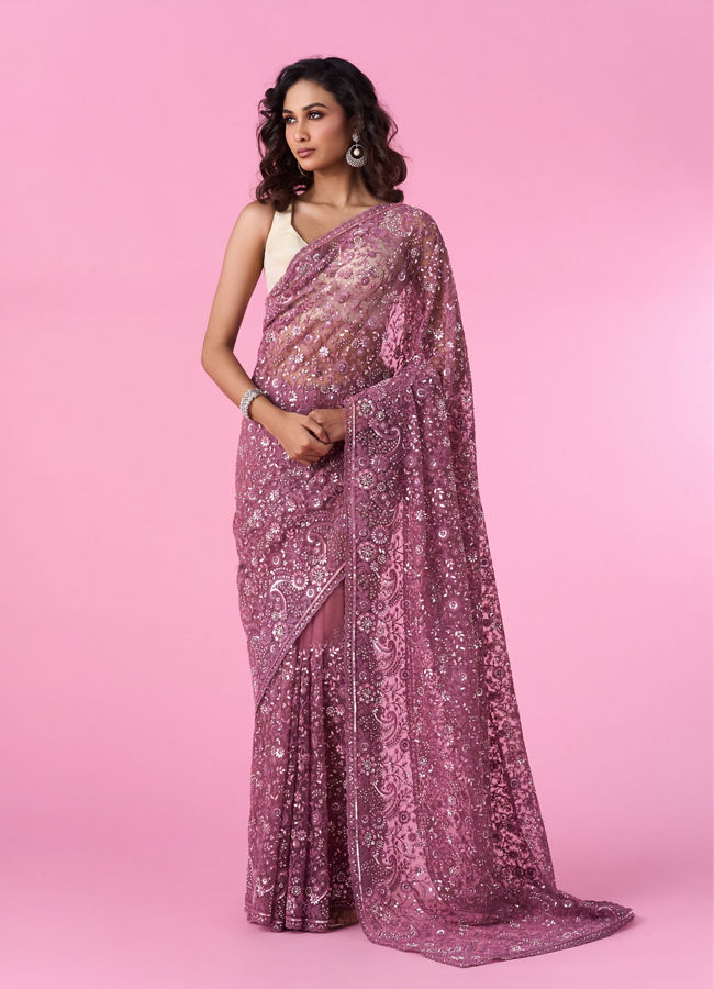 Mohey Women Dusty Pink Elegant Net Saree