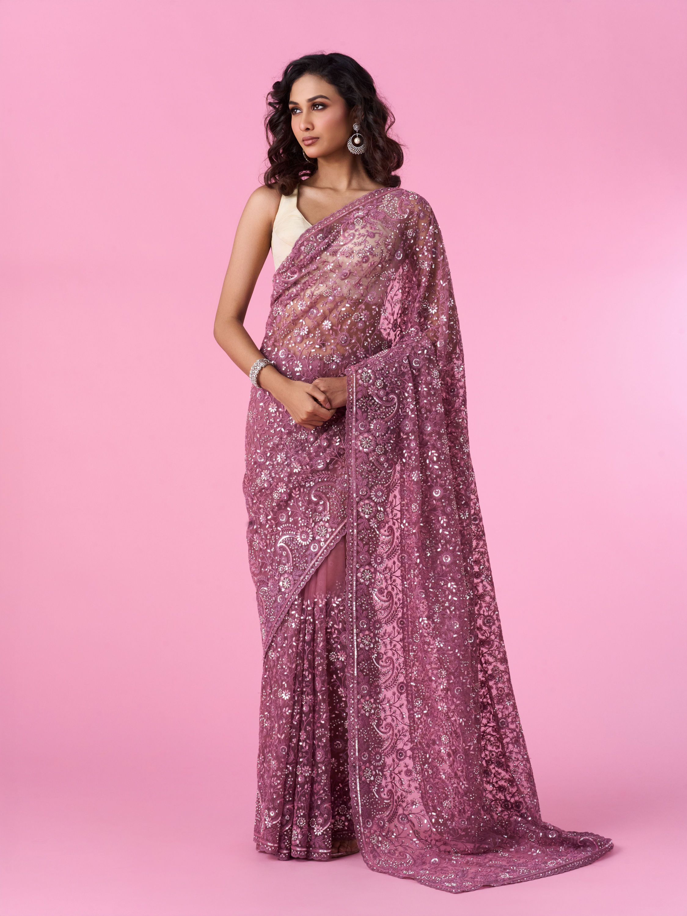 Mohey Women Dusty Pink Elegant Net Saree