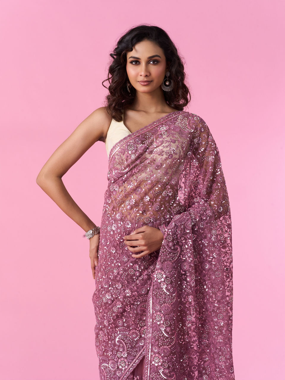 Mohey Women Dusty Pink Elegant Net Saree