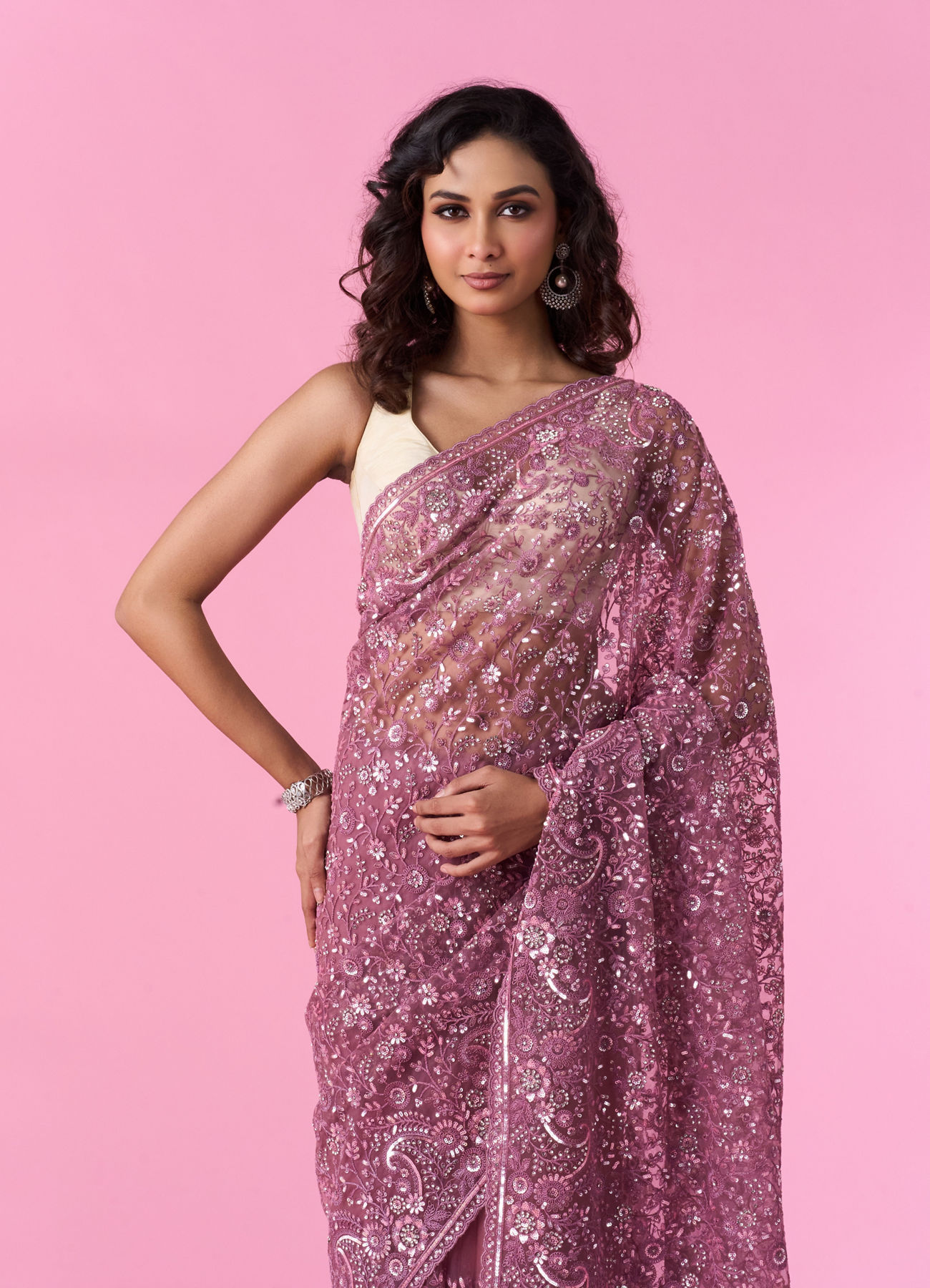 Mohey Women Dusty Pink Elegant Net Saree