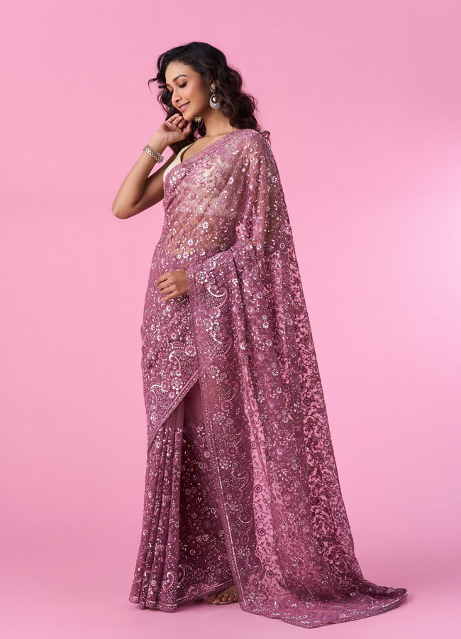 Mohey Women Dusty Pink Elegant Net Saree