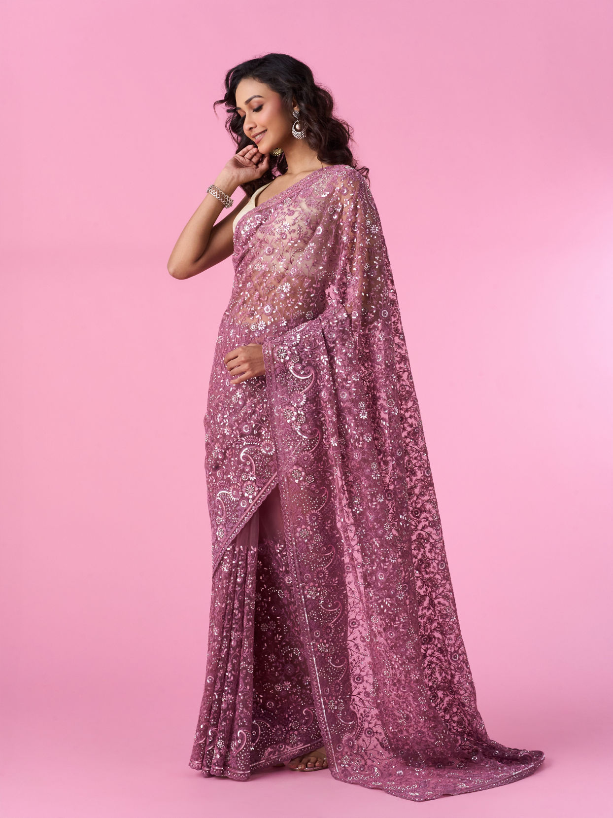 Mohey Women Dusty Pink Elegant Net Saree
