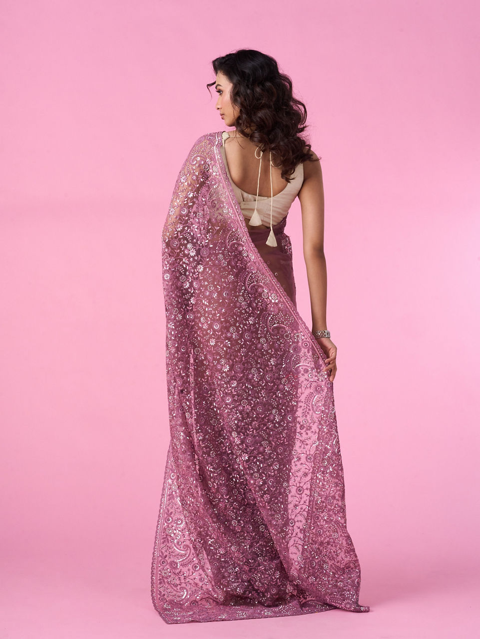 Mohey Women Dusty Pink Elegant Net Saree