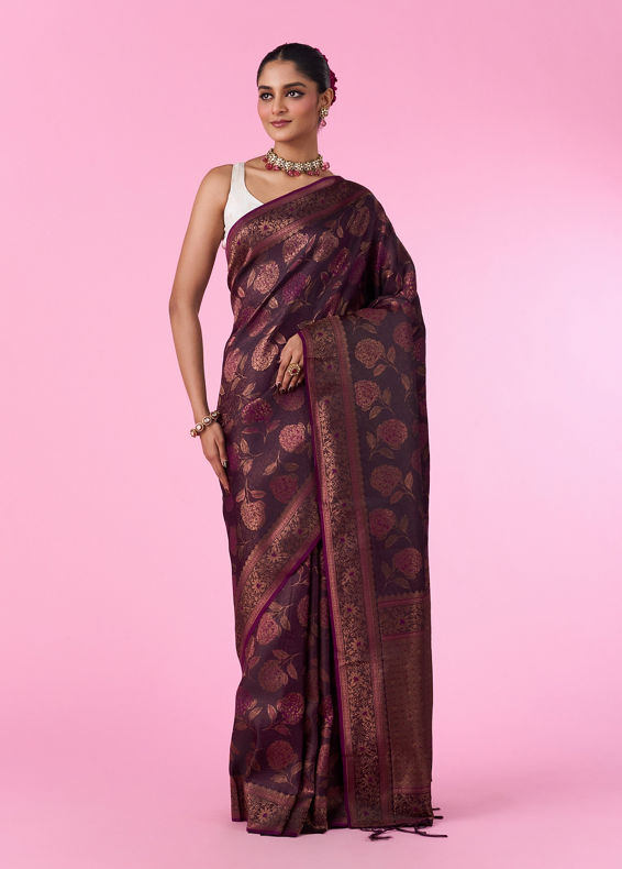 Mohey Women Silken Elegance Wine Banarasi Saree