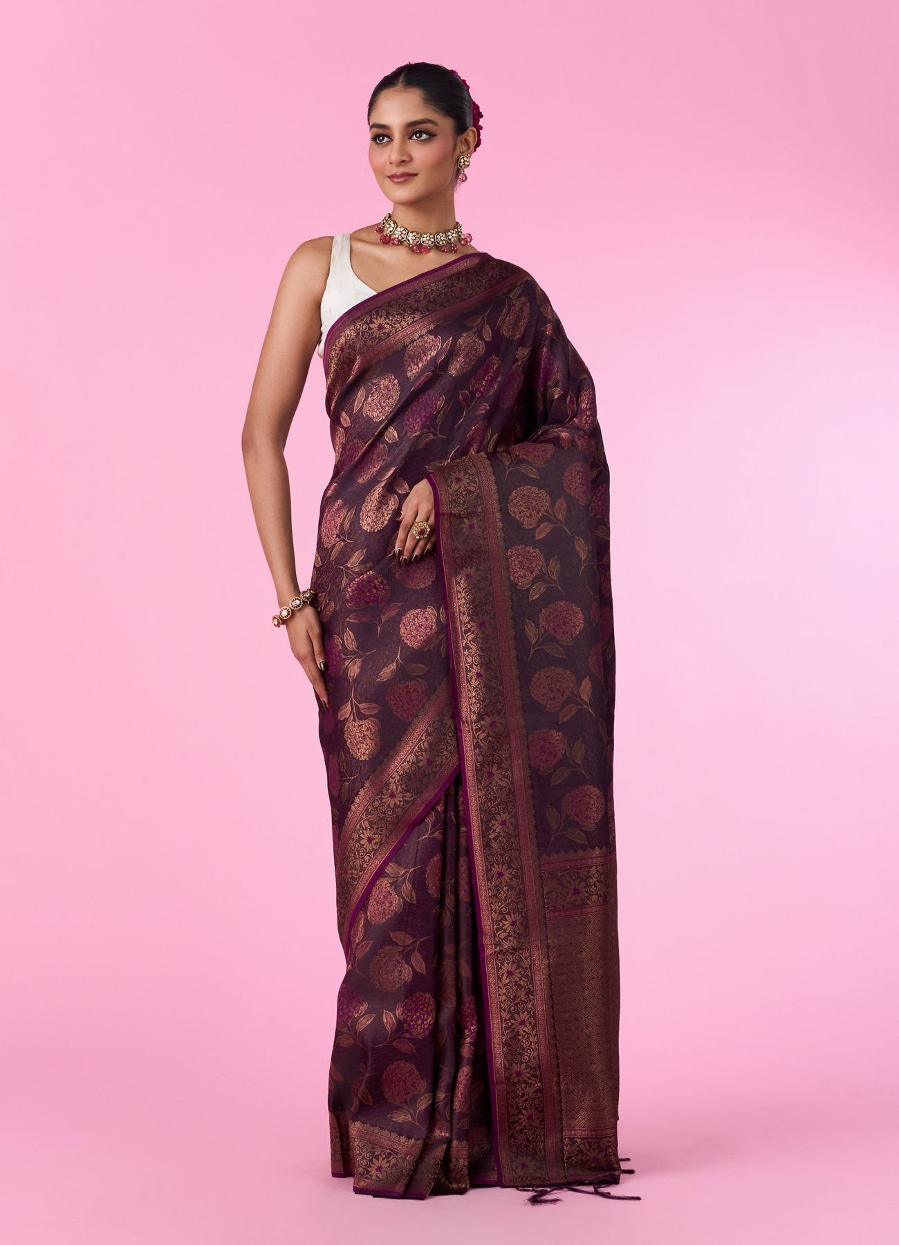 Mohey Women Silken Elegance Wine Banarasi Saree