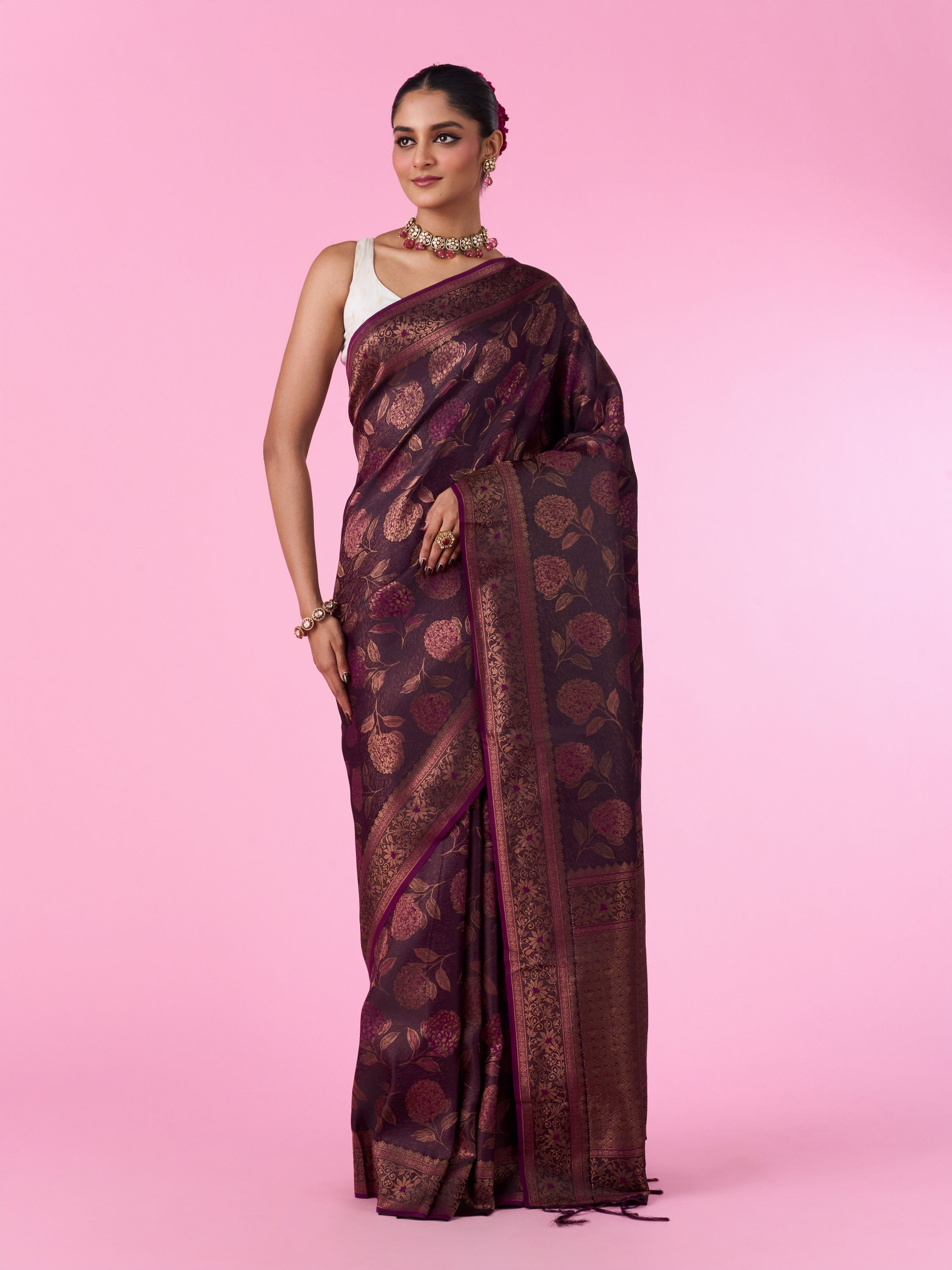 Mohey Women Silken Elegance Wine Banarasi Saree