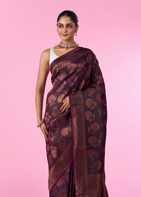 Mohey Women Silken Elegance Wine Banarasi Saree