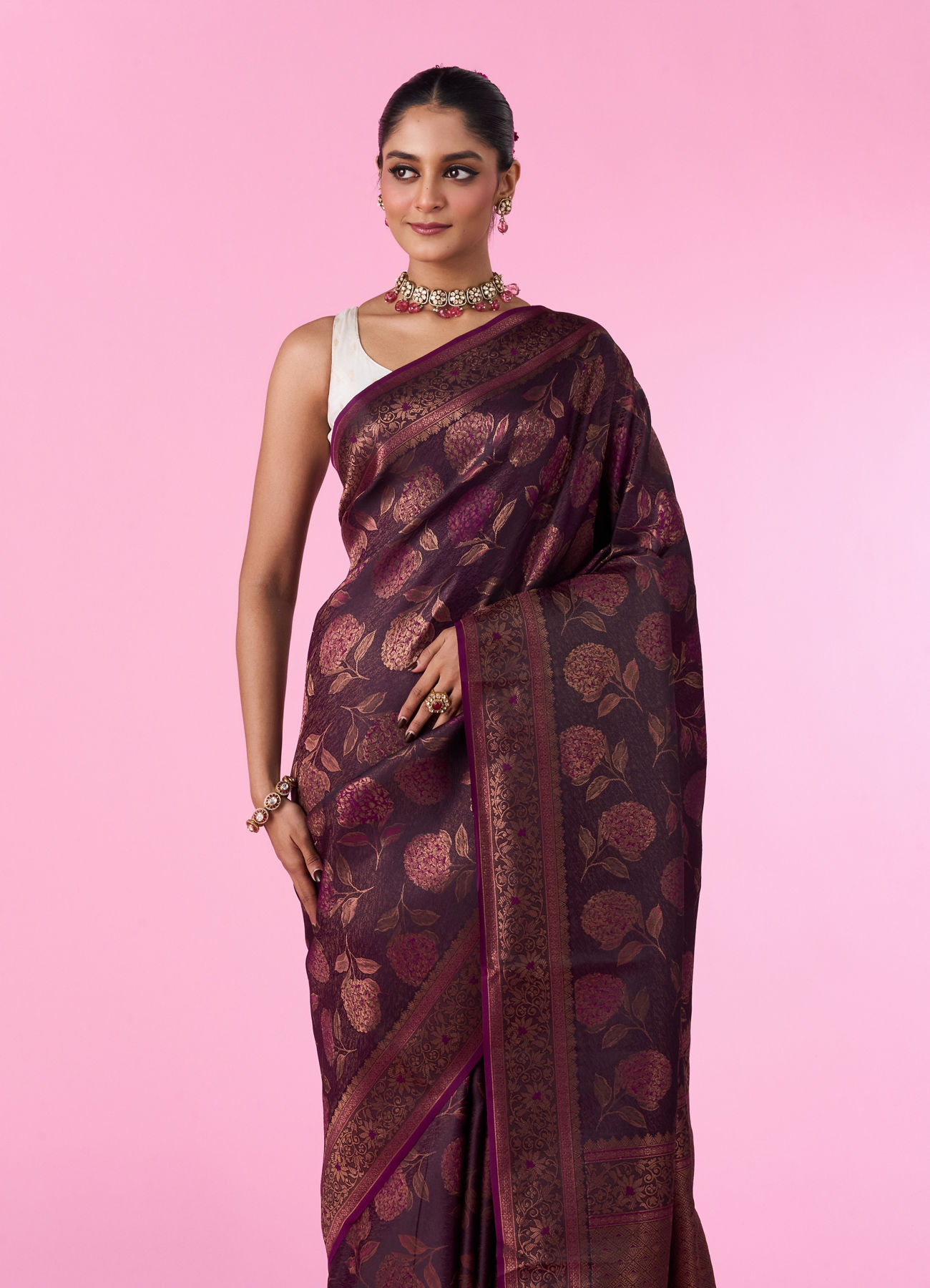 Mohey Women Silken Elegance Wine Banarasi Saree