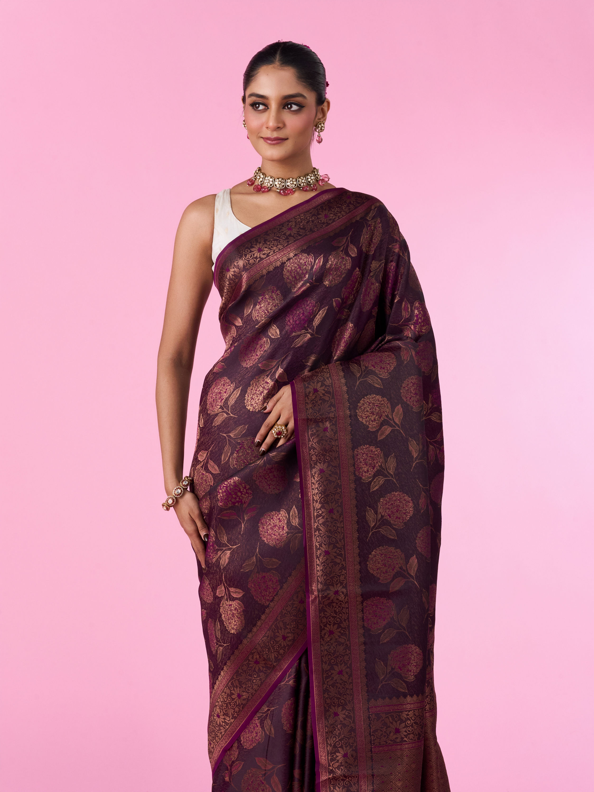 Mohey Women Silken Elegance Wine Banarasi Saree