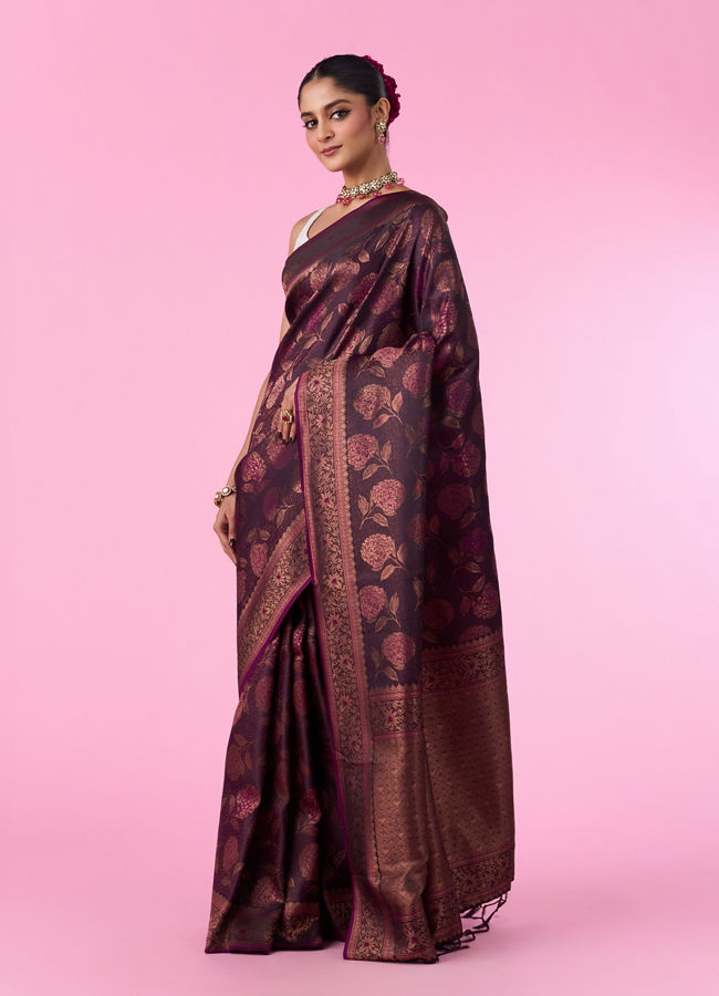 Mohey Women Silken Elegance Wine Banarasi Saree