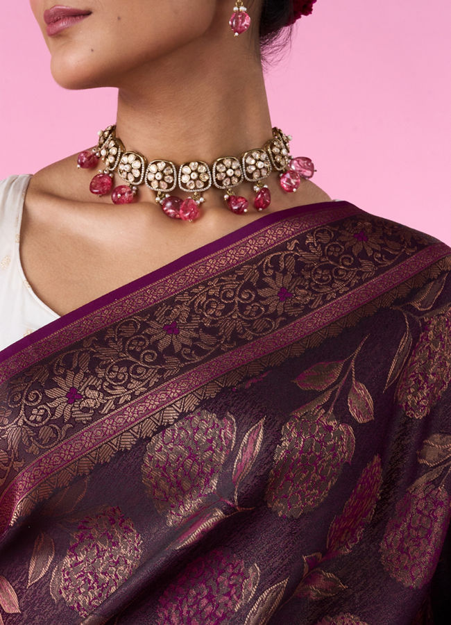 Mohey Women Silken Elegance Wine Banarasi Saree