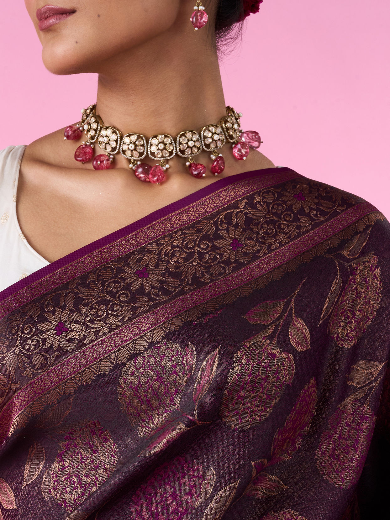 Mohey Women Silken Elegance Wine Banarasi Saree