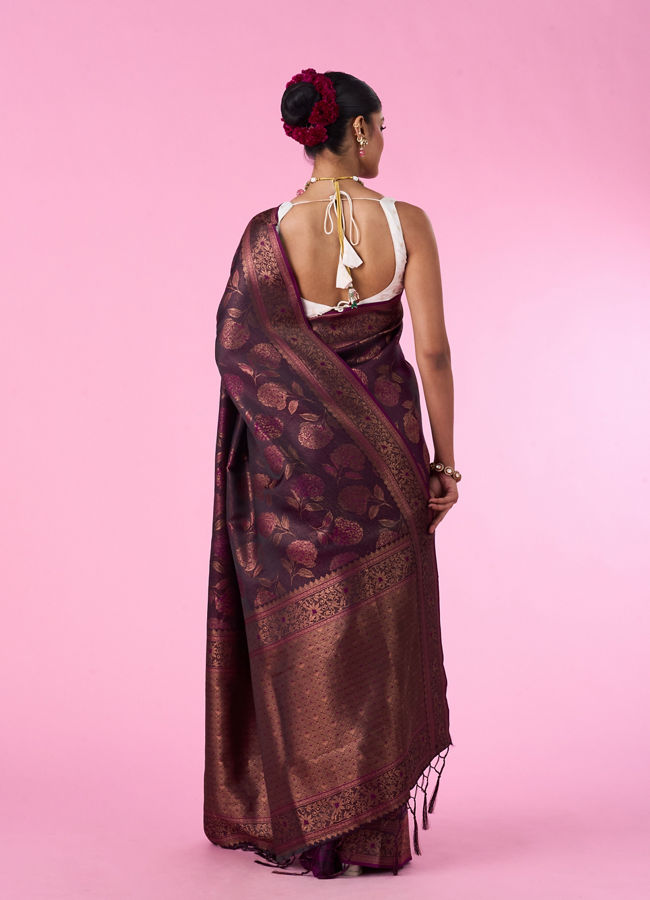 Mohey Women Silken Elegance Wine Banarasi Saree