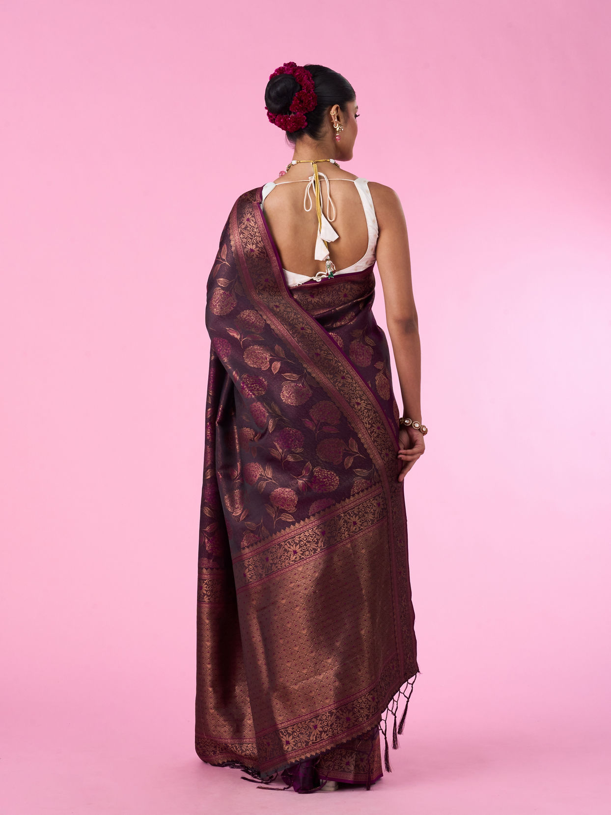 Mohey Women Silken Elegance Wine Banarasi Saree