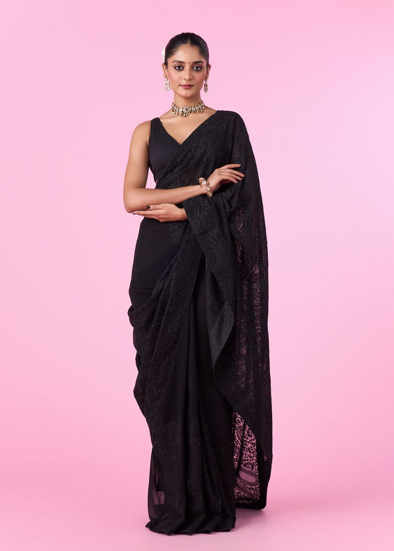 Mohey Women Elegant Black Georgette Saree