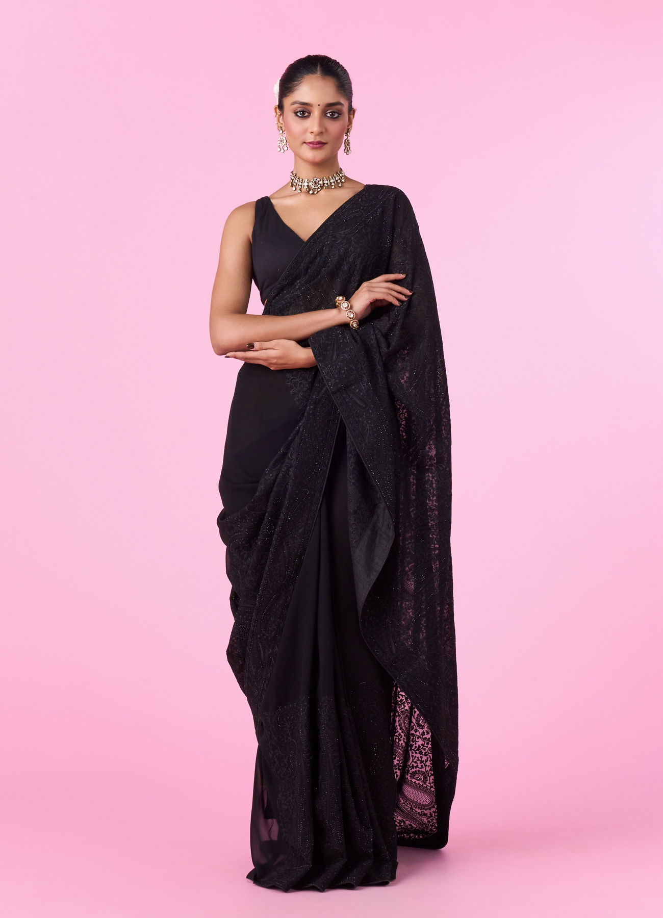 Mohey Women Elegant Black Georgette Saree