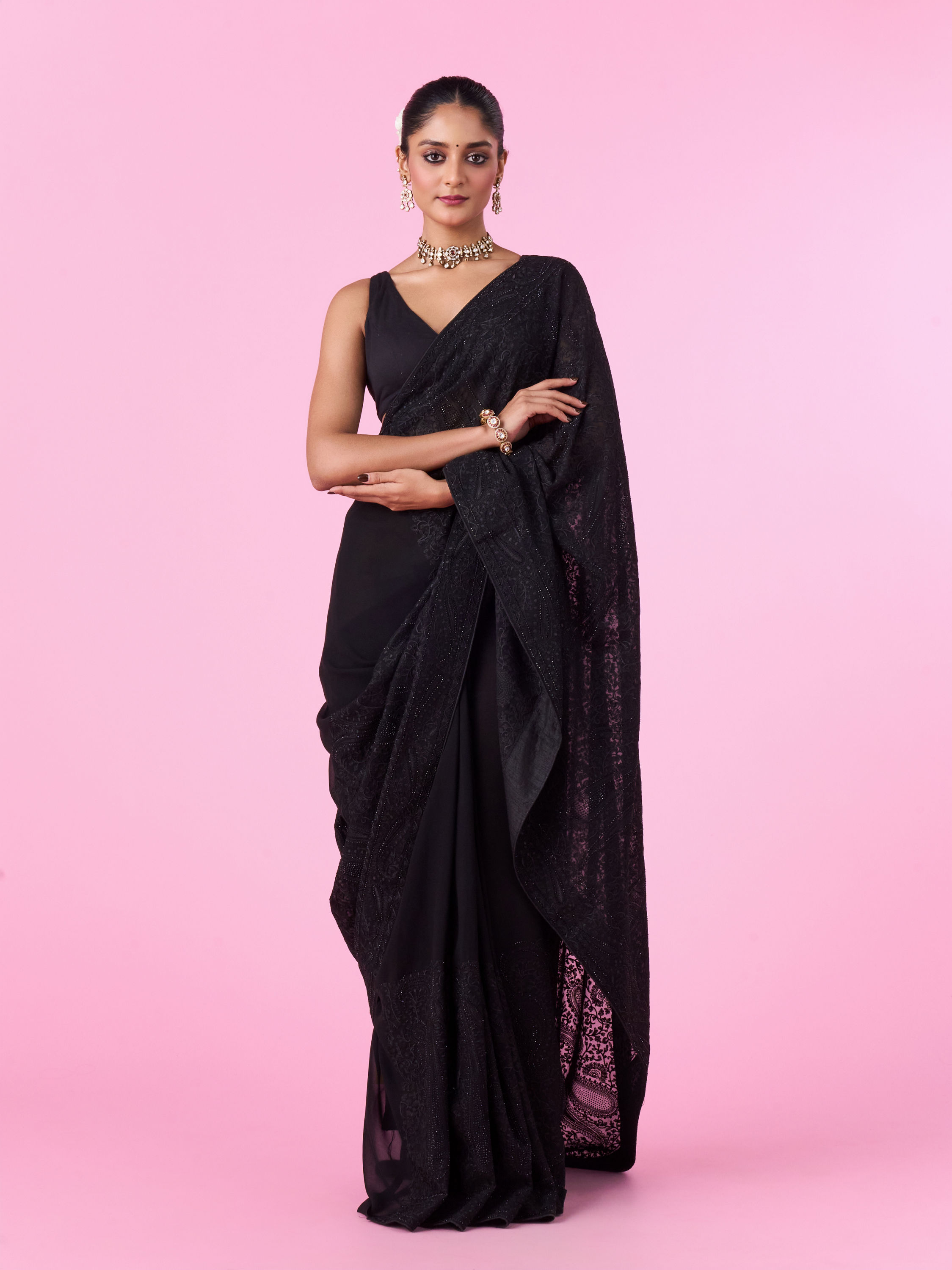 Mohey Women Elegant Black Georgette Saree