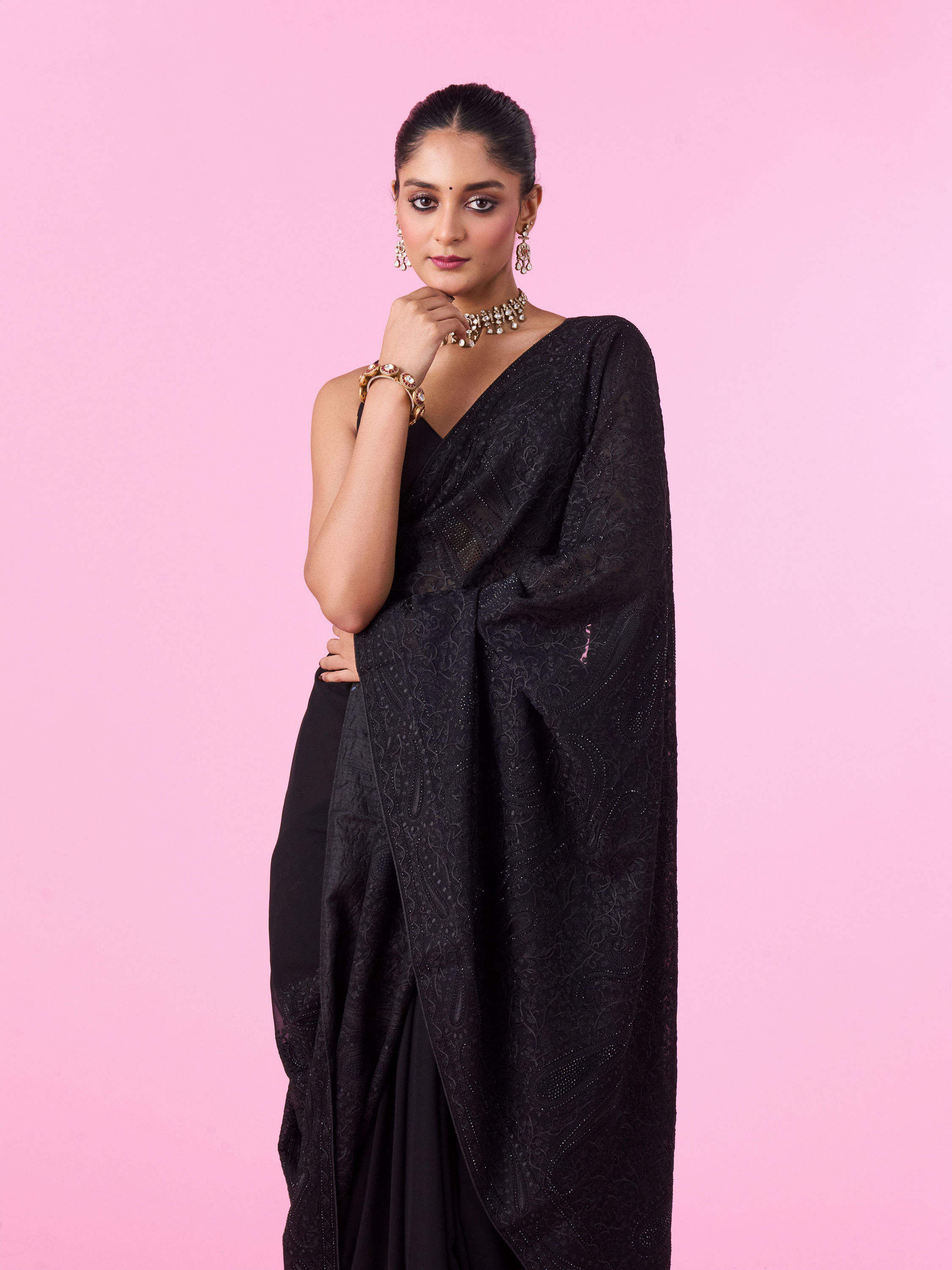 Mohey Women Elegant Black Georgette Saree