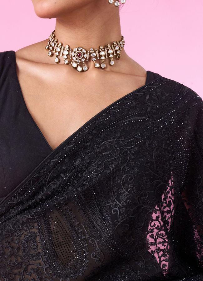 Mohey Women Elegant Black Georgette Saree