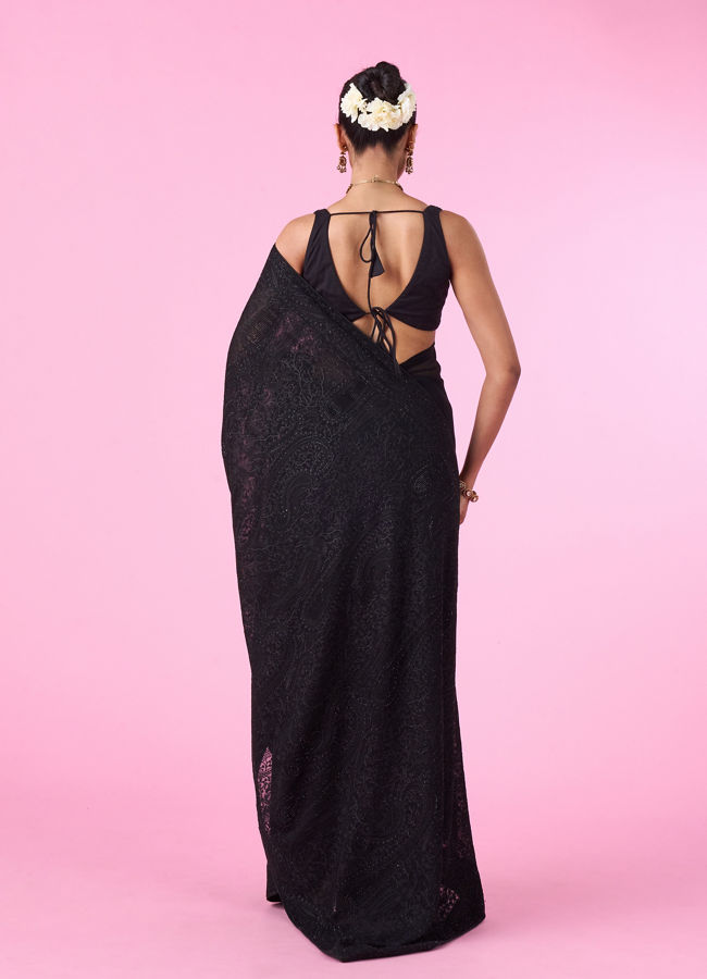 Mohey Women Elegant Black Georgette Saree