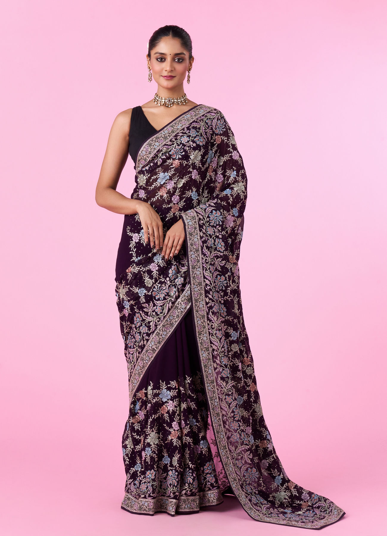Mohey Women Purple Georgette Sparkle Saree