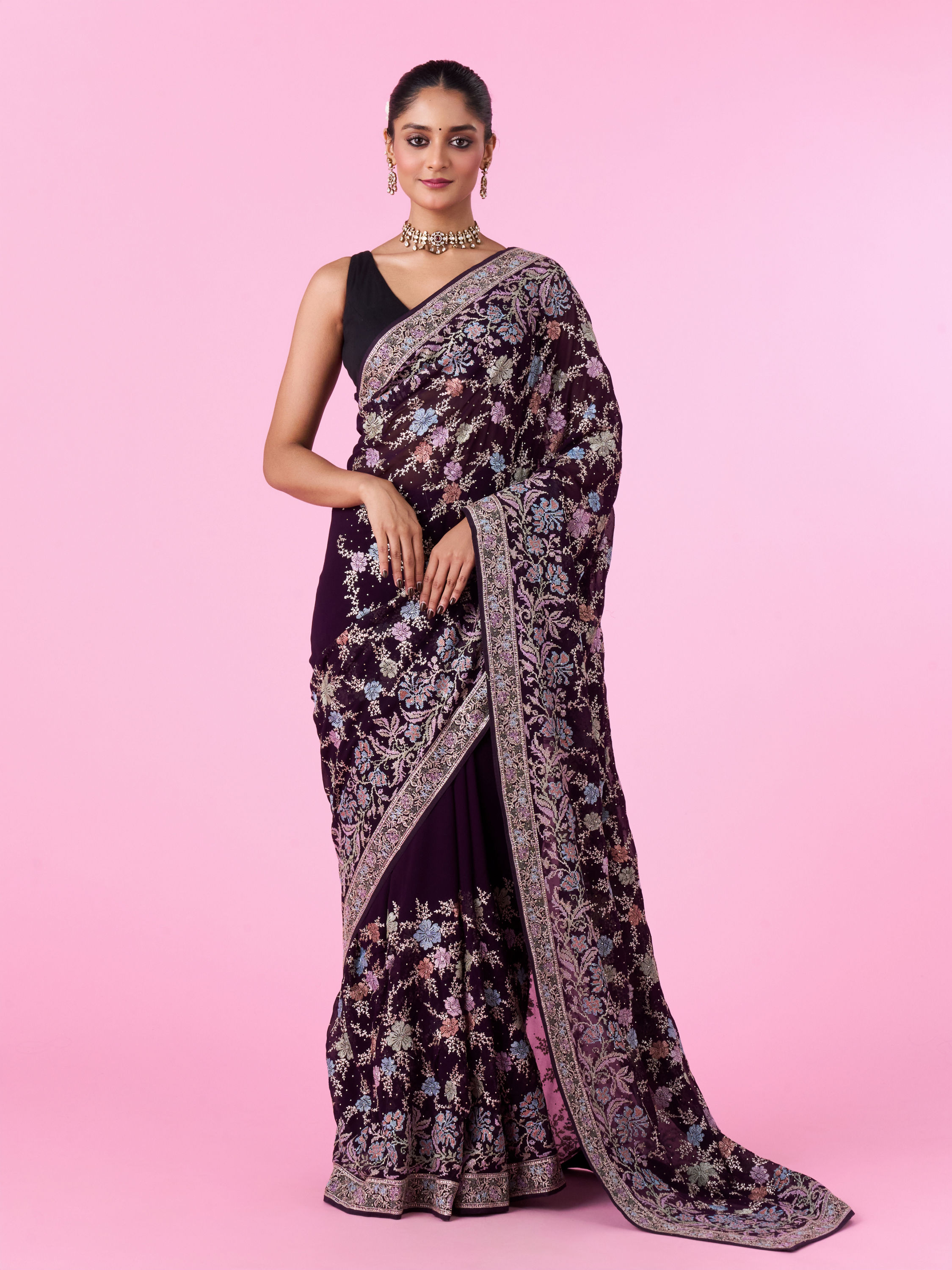 Mohey Women Purple Georgette Sparkle Saree