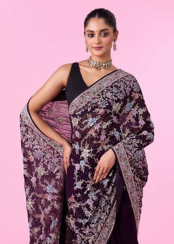 Mohey Women Purple Georgette Sparkle Saree