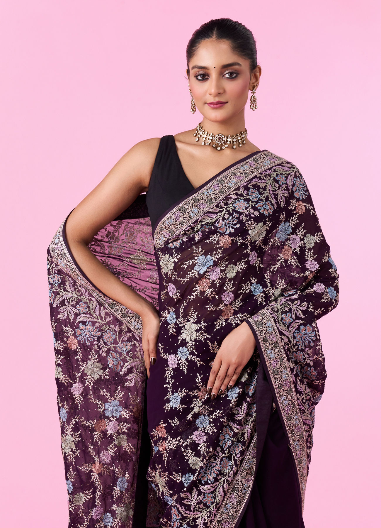 Mohey Women Purple Georgette Sparkle Saree