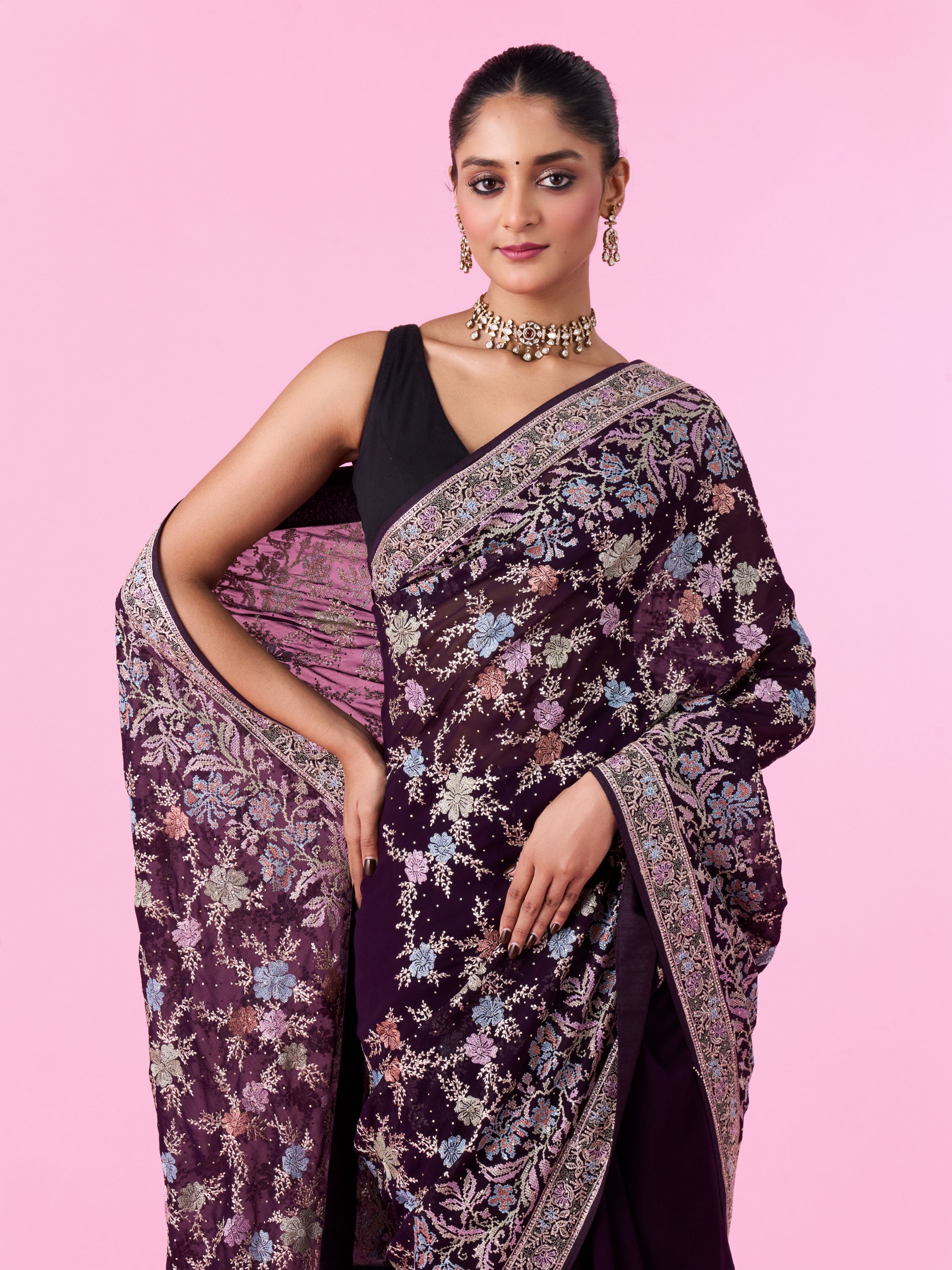 Mohey Women Purple Georgette Sparkle Saree
