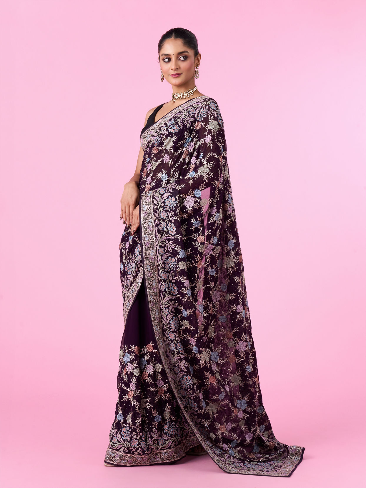 Mohey Women Purple Georgette Sparkle Saree
