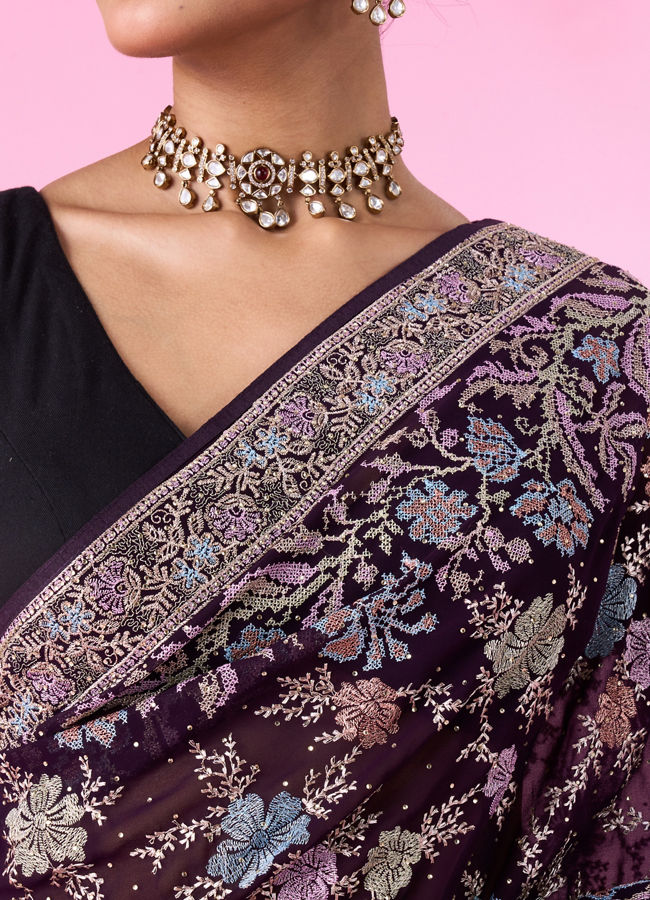 Mohey Women Purple Georgette Sparkle Saree