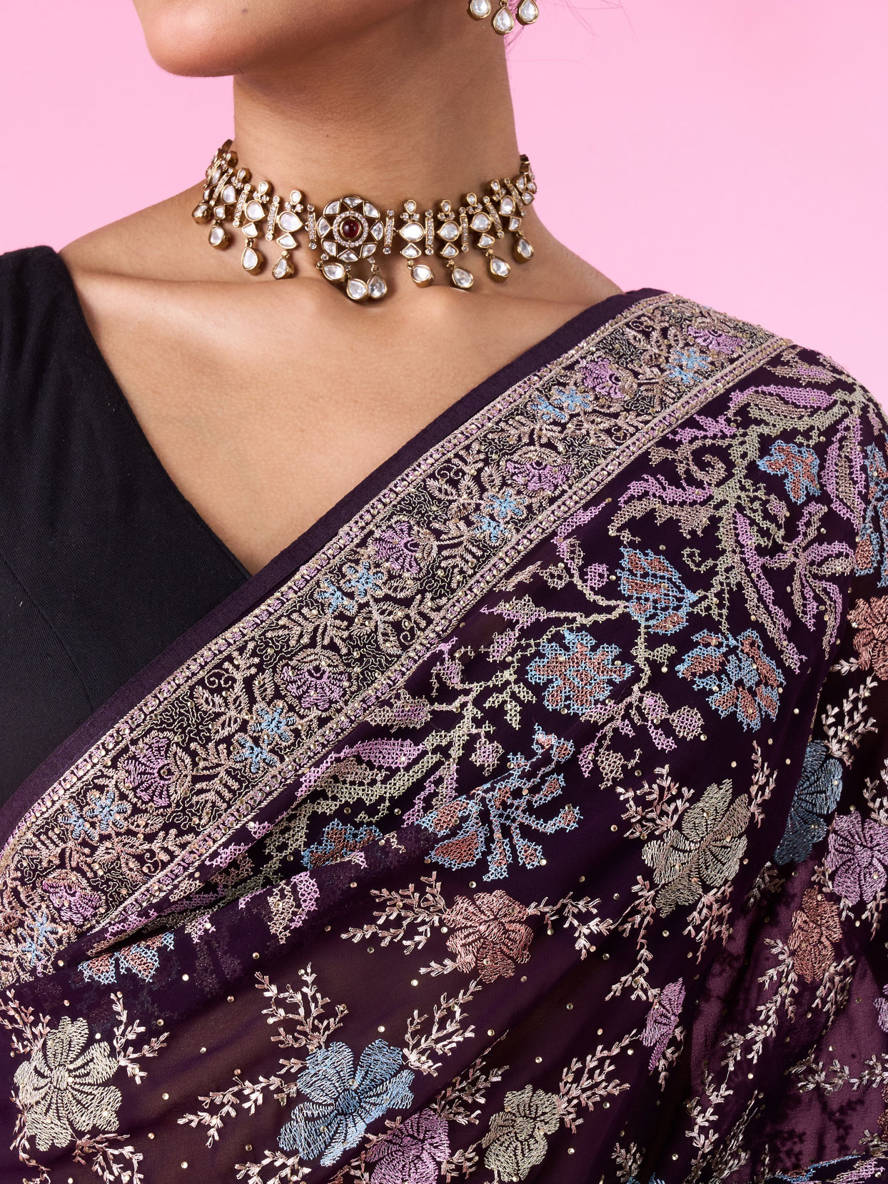 Mohey Women Purple Georgette Sparkle Saree