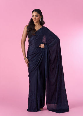 Mohey Women Blue Indigo Regal Satin Saree