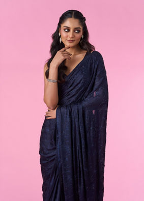 Mohey Women Blue Indigo Regal Satin Saree
