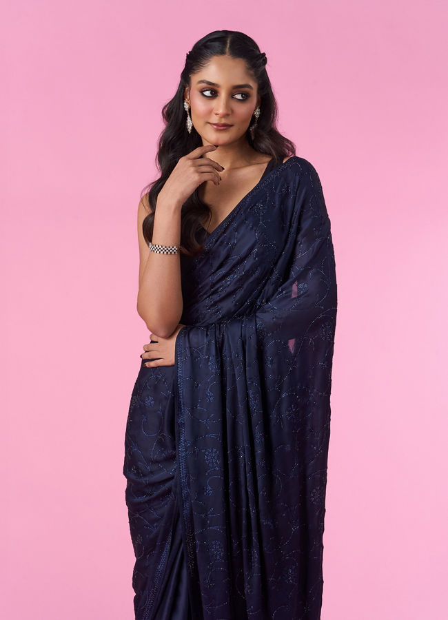 Mohey Women Blue Indigo Regal Satin Saree