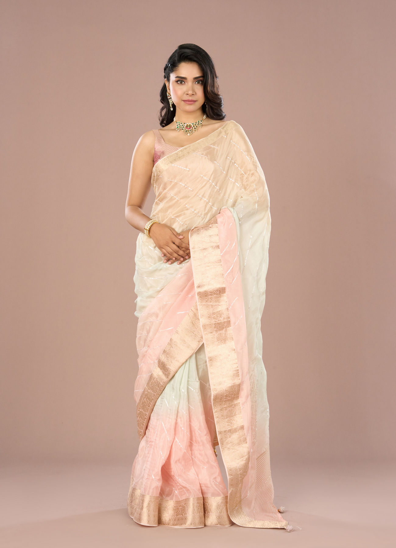 Mohey Women Light Pink-Blue Grandeur Saree