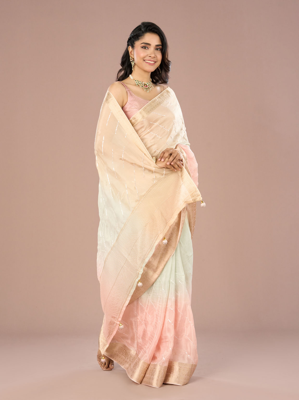 Mohey Women Light Pink-Blue Grandeur Saree