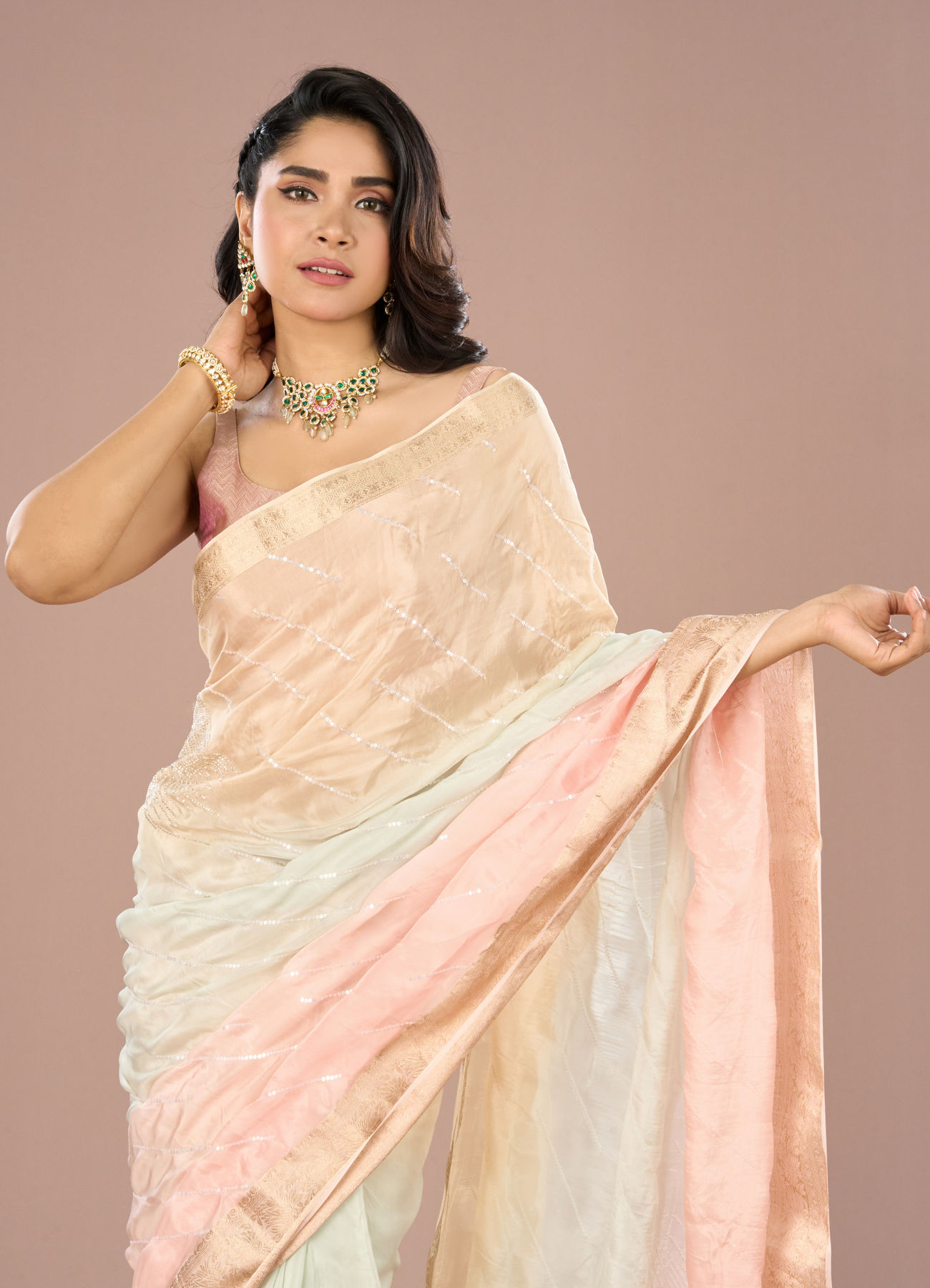 Mohey Women Light Pink-Blue Grandeur Saree
