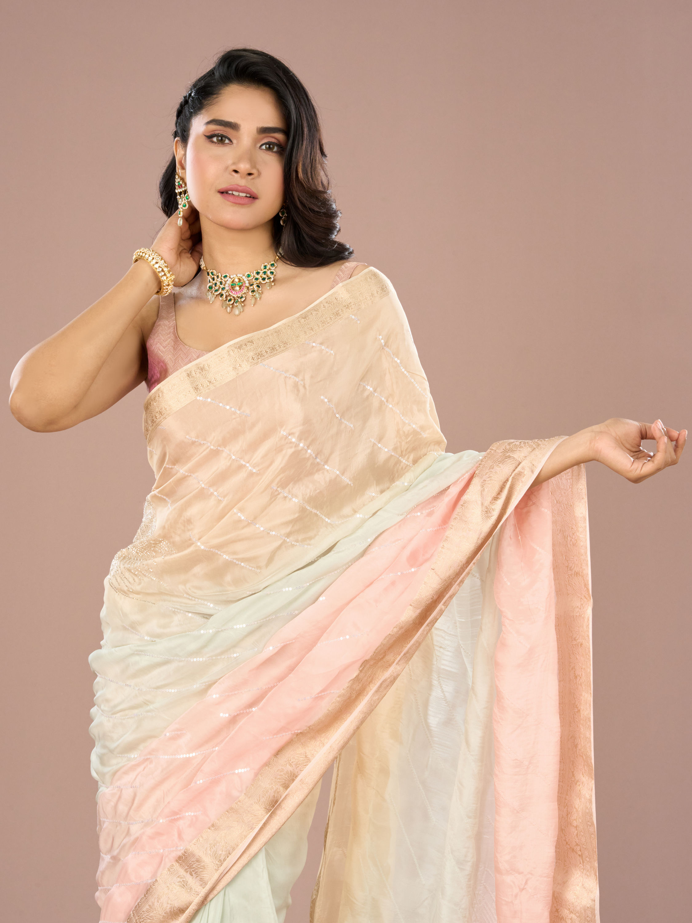 Mohey Women Light Pink-Blue Grandeur Saree