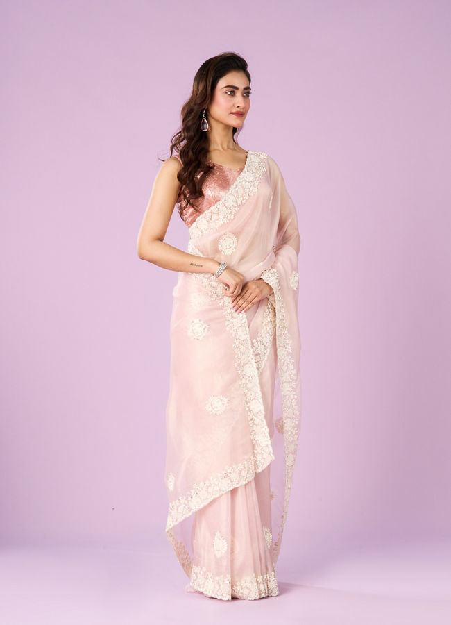 Mohey Women Pink Organza Saree Bliss