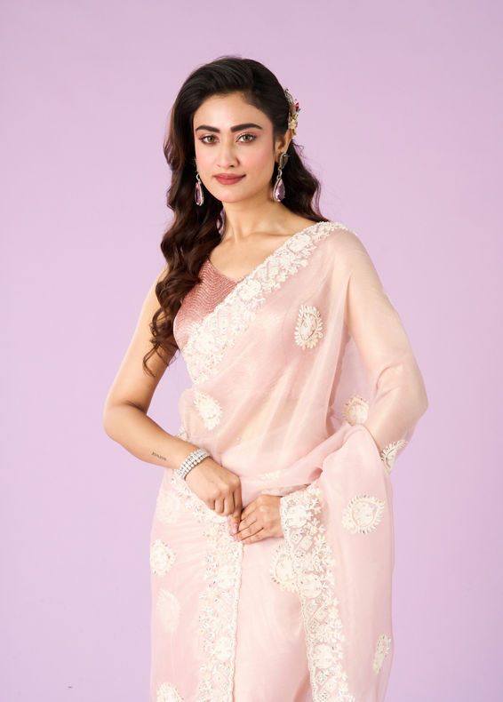 Mohey Women Pink Organza Saree Bliss
