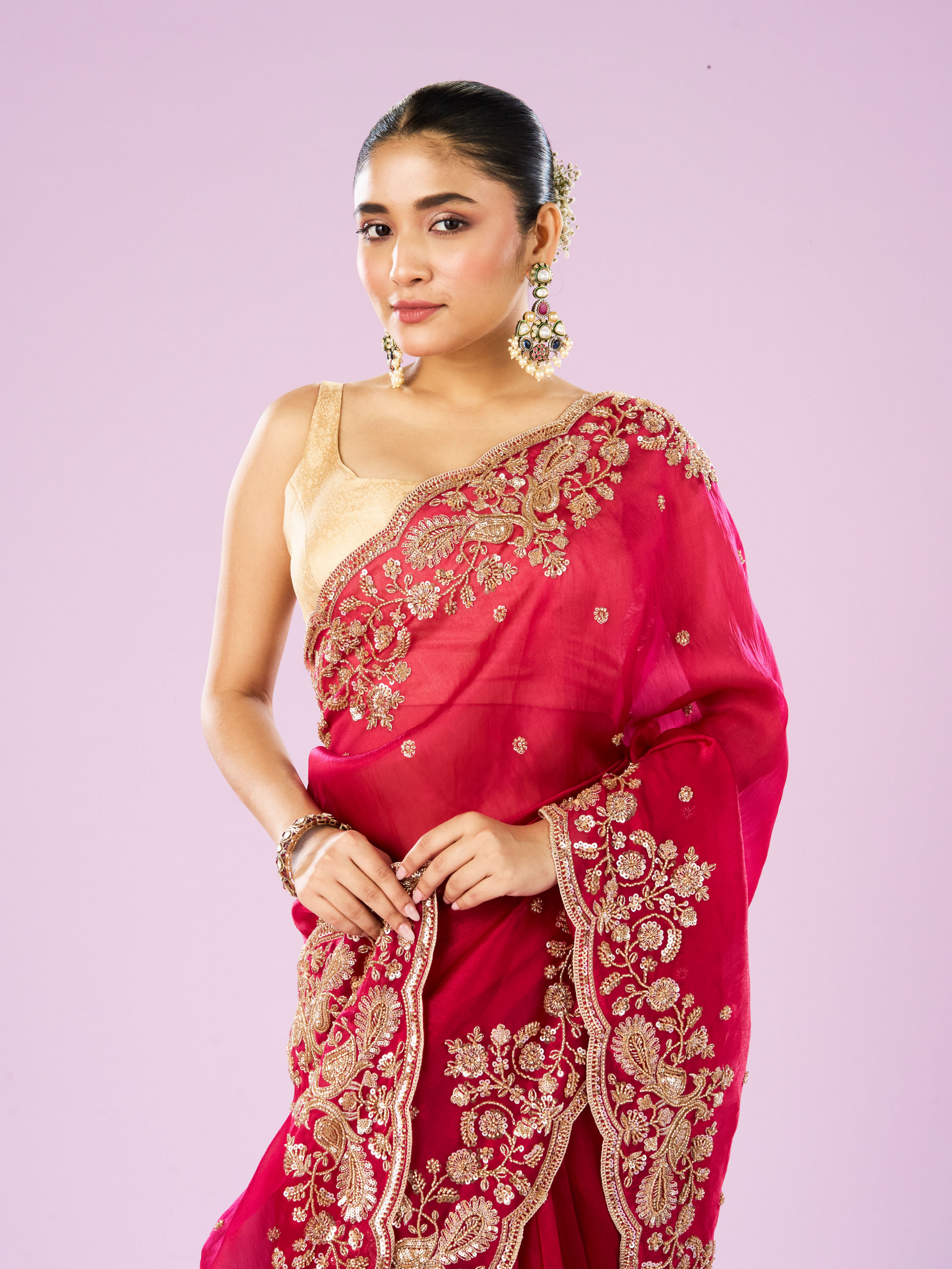 Mohey Women Blossomed Pink Organza Saree