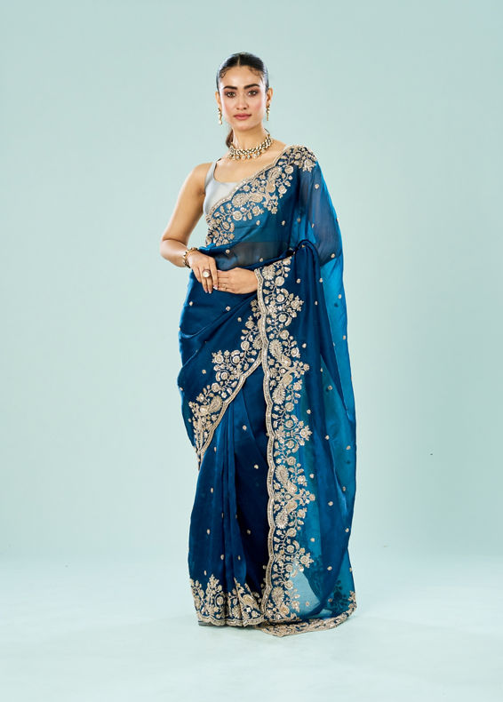 Mohey Women Indigo Starlet Organza Saree