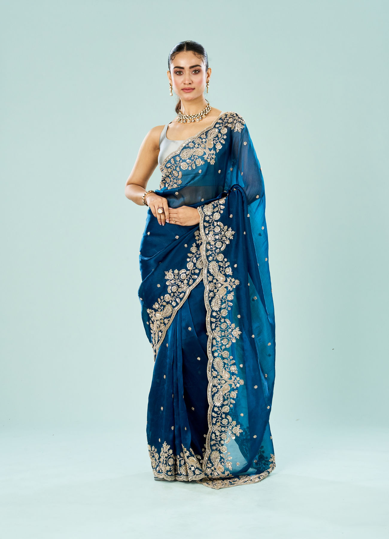 Mohey Women Indigo Starlet Organza Saree