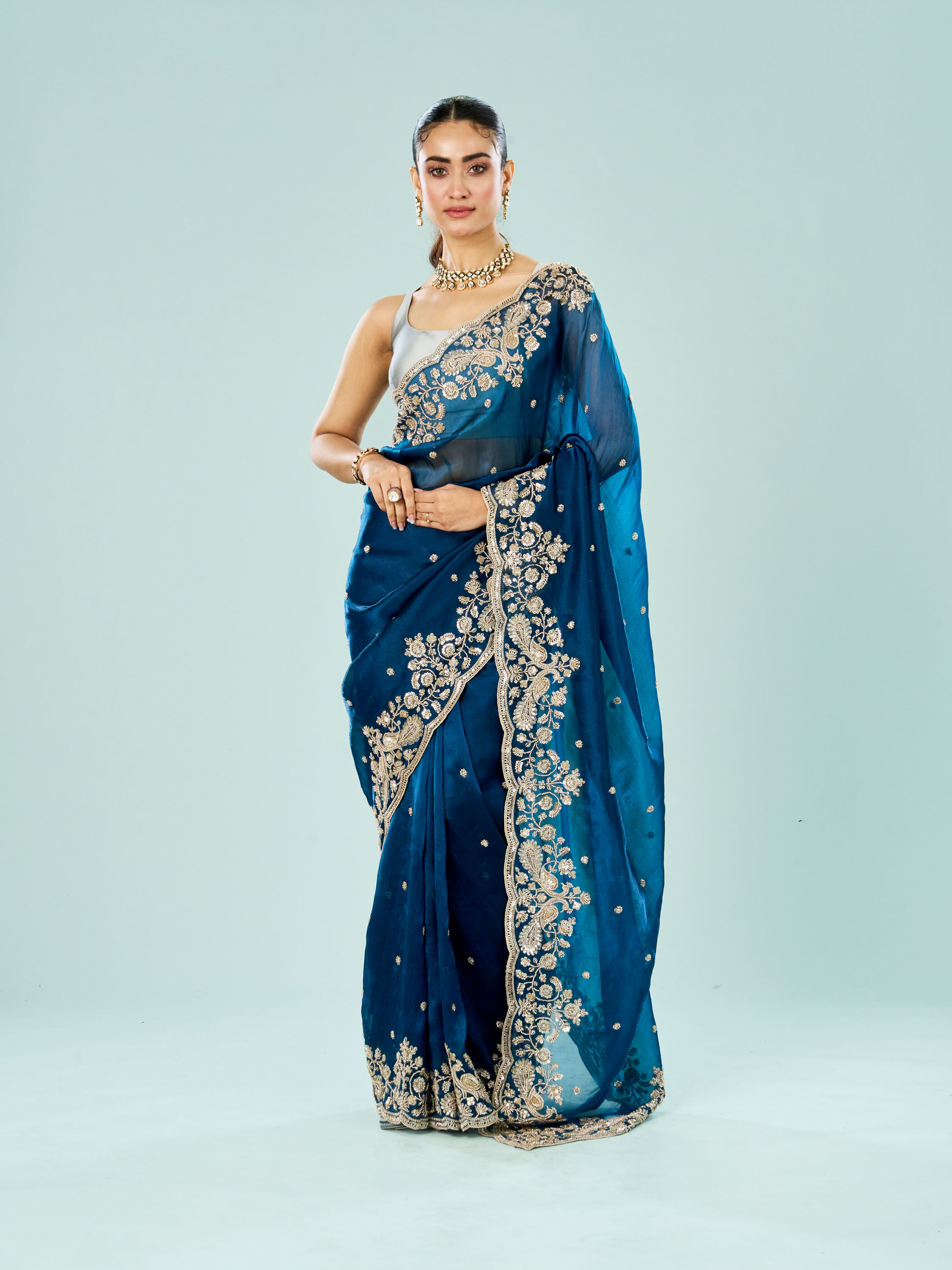 Mohey Women Indigo Starlet Organza Saree
