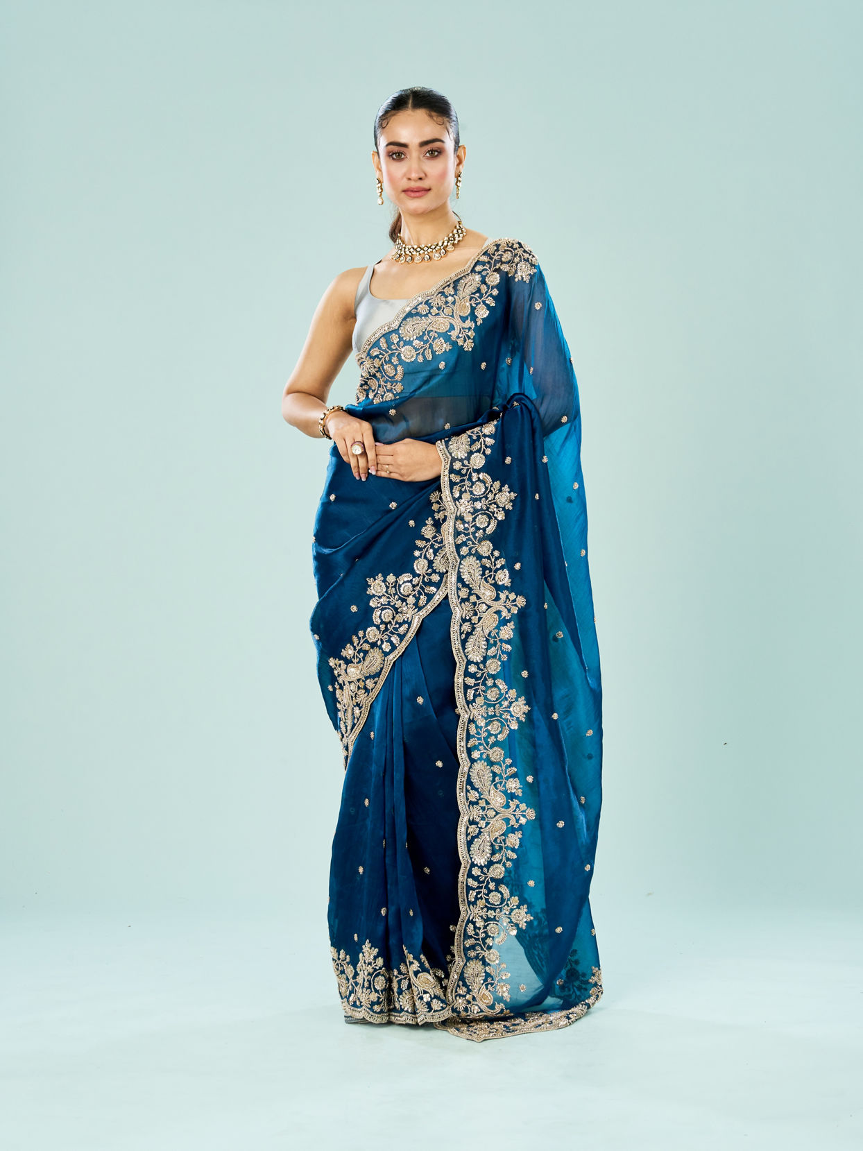 Mohey Women Indigo Starlet Organza Saree