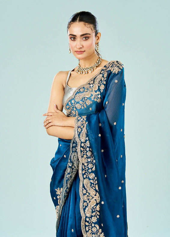 Mohey Women Indigo Starlet Organza Saree